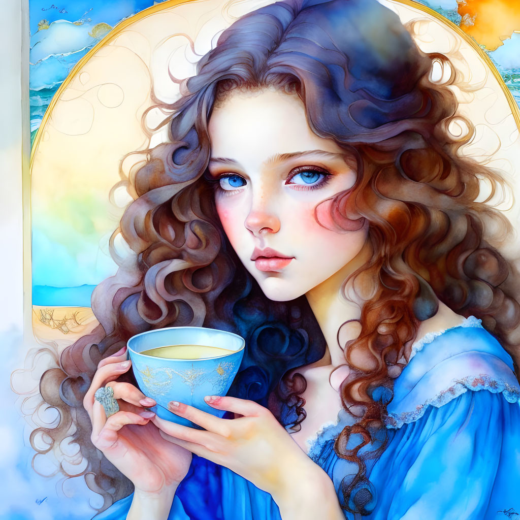 Illustration of girl with curly hair and blue eyes holding cup in golden halo frame