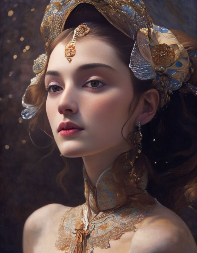 Intricate headpiece, ornate earrings, delicate lace collar portrait