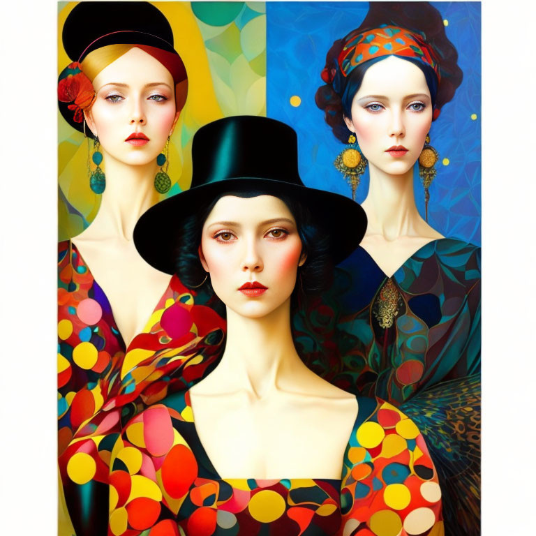 Colorful Stylized Portraits of Women in Intricate Hats