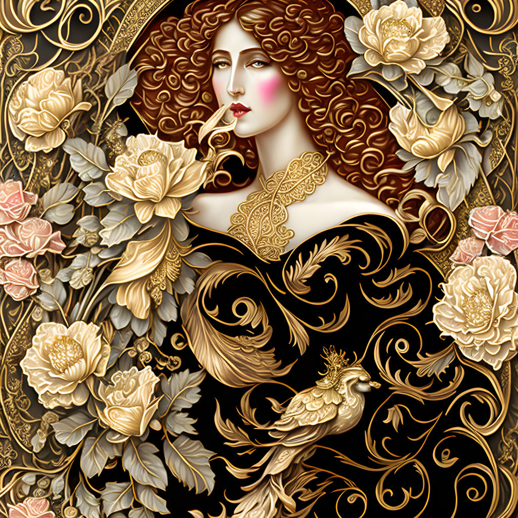 Art Nouveau Style Woman Illustration with Curly Hair and Peacock Motif