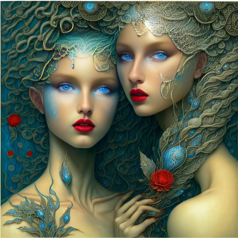 Ethereal women with blue skin and golden headpieces in fantasy art