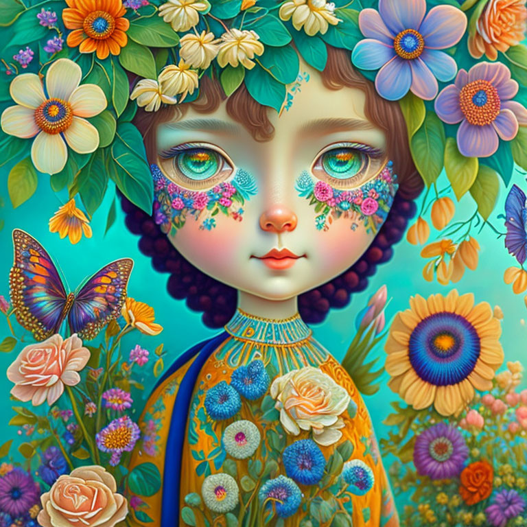 Vibrant illustration of a girl with floral headdress and butterfly cheeks