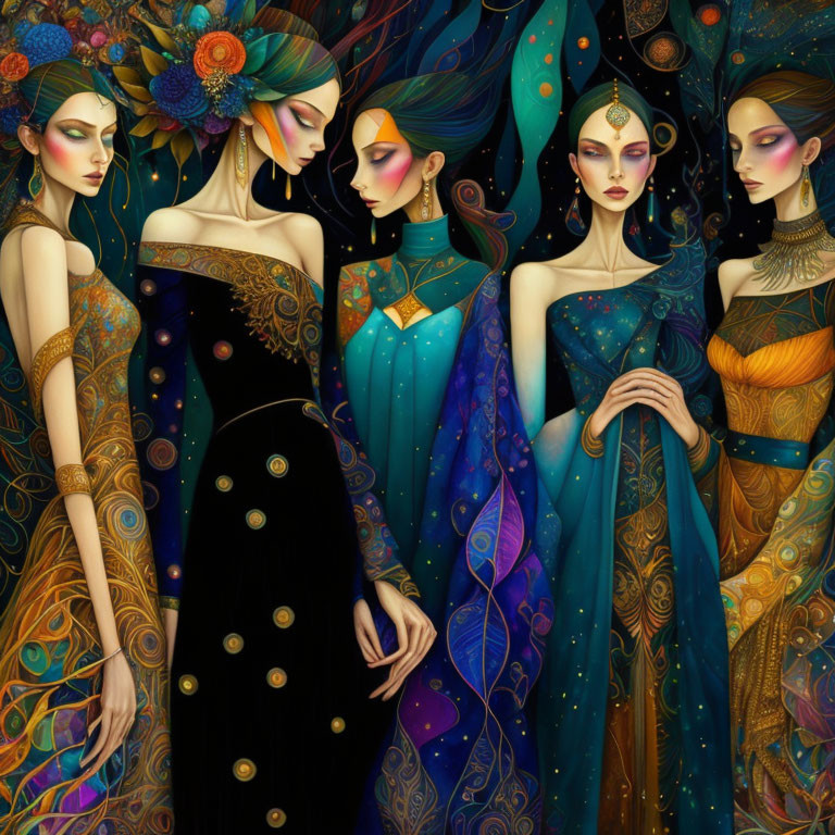 Stylized women in colorful gowns and unique headdresses