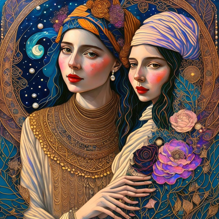 Two women in bold colors and detailed accessories against celestial backdrop.