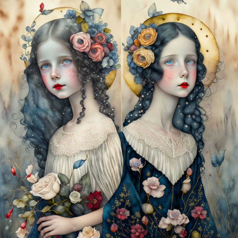 Twin girls digital artwork: pale skin, blue eyes, floral hair adornments, vintage dresses,