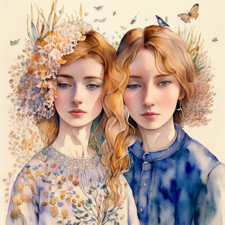 Two Women Illustration with Floral and Butterfly Motifs