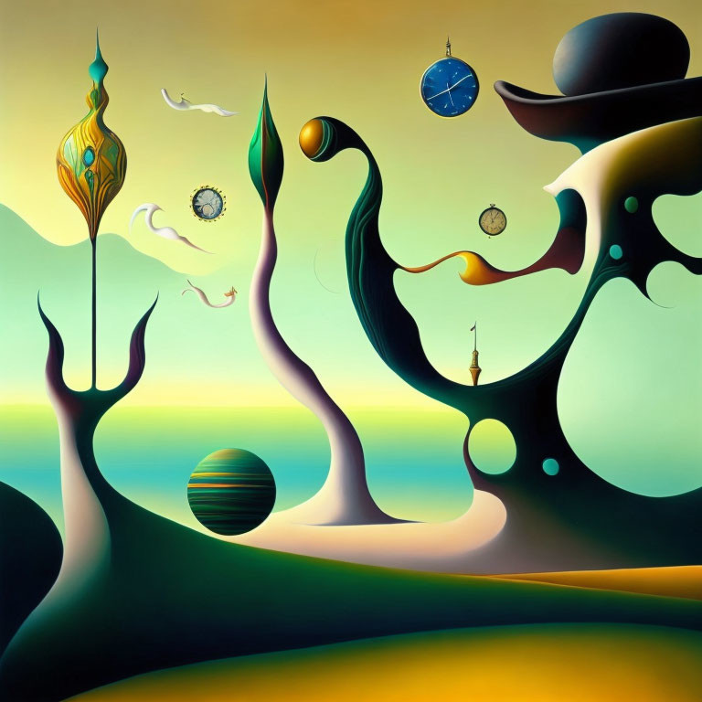 Abstract surreal landscape with floating orbs, whimsical structures, and gradient sky.