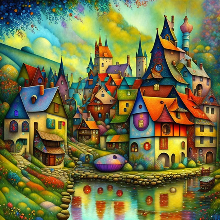 Whimsical village with colorful houses, castle, and serene river