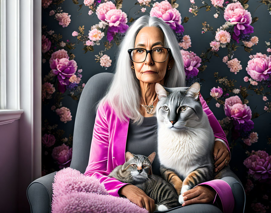 Gray-Haired Woman with Cats in Chair and Floral Wallpaper Background