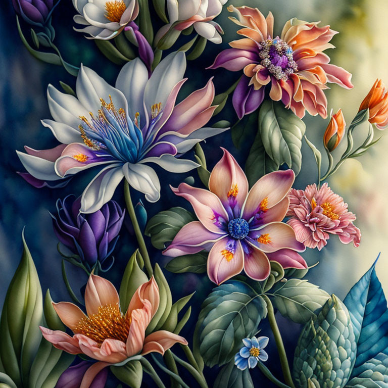 Vibrant multicolored flowers in detailed illustration