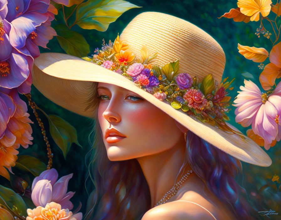 Serene woman in flower-adorned straw hat with vibrant floral backdrop