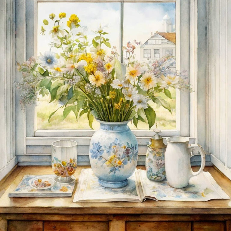 Tranquil watercolor still life with vase, flowers, table, and window