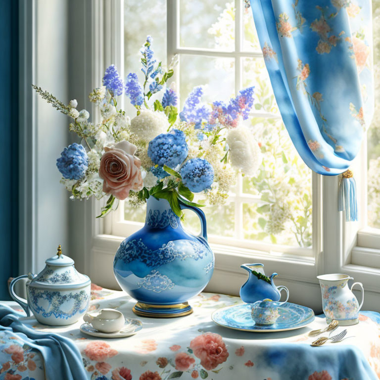 Blue and White Porcelain Tea Set with Floral Curtains and Flowers on Table