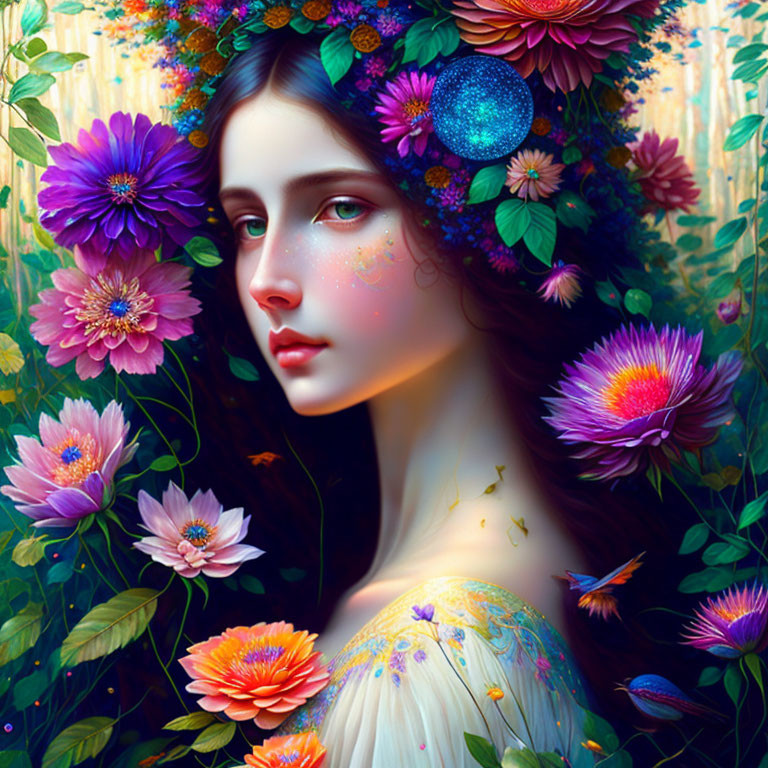 Digital artwork: Woman with vibrant flowers in lush floral background