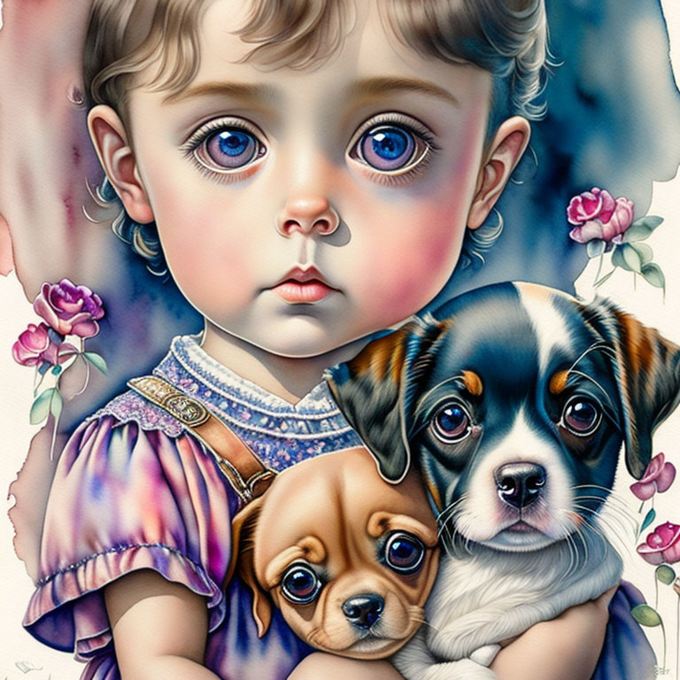 Detailed Digital Painting of Young Child with Blue Eyes and Puppies Amid Pink Roses