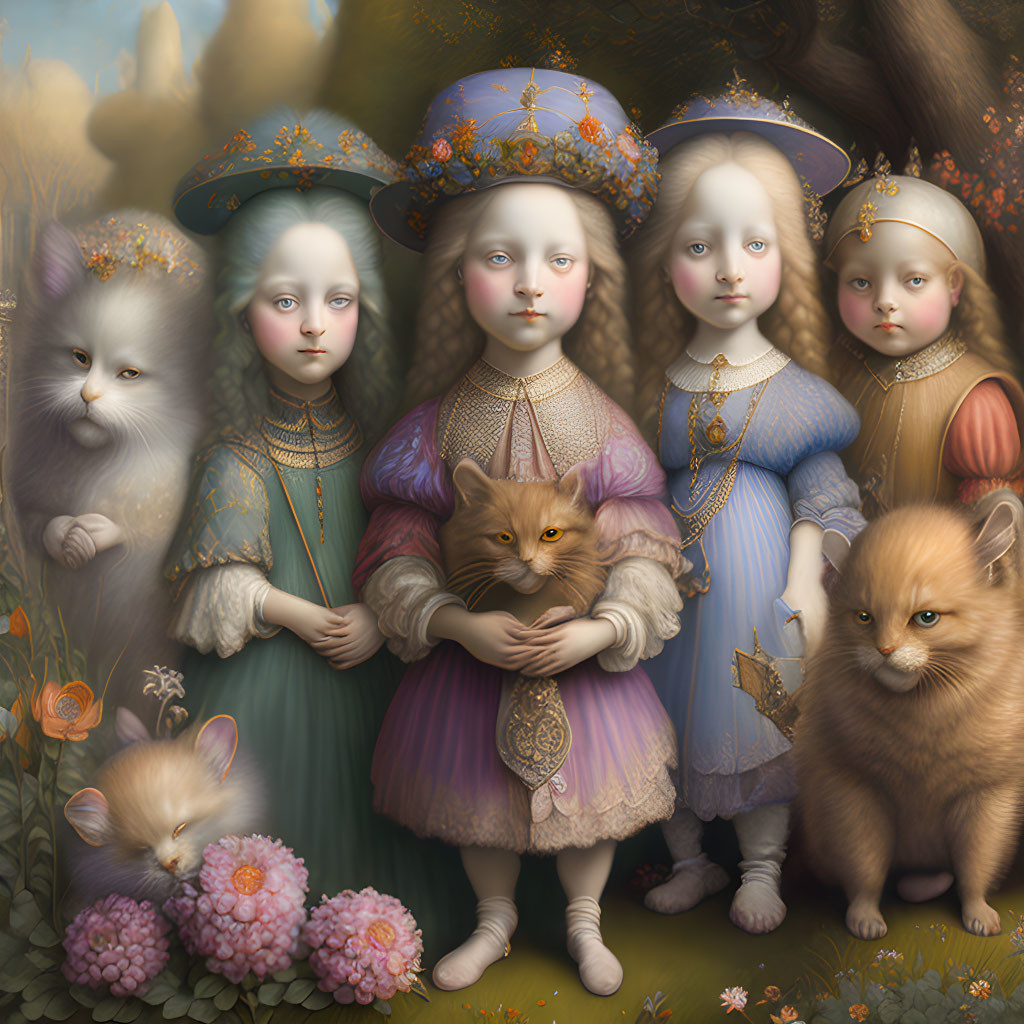 Anthropomorphized kittens in vintage outfits with flowers and book