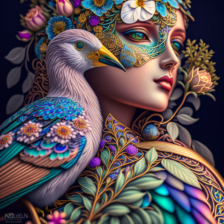 Colorful Woman with Masquerade Mask and Bird in Floral Motifs