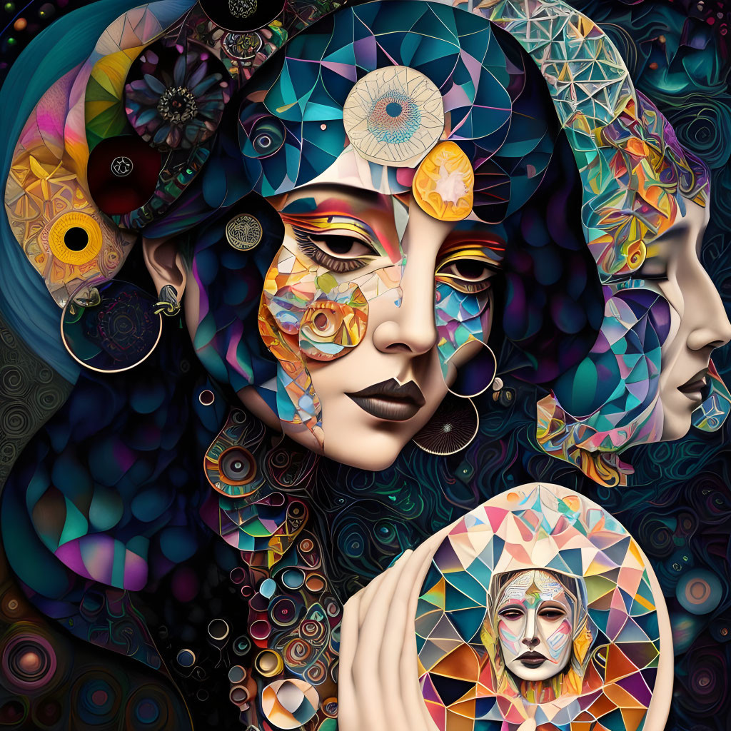 Colorful digital artwork: stylized faces, intricate patterns, geometric shapes.