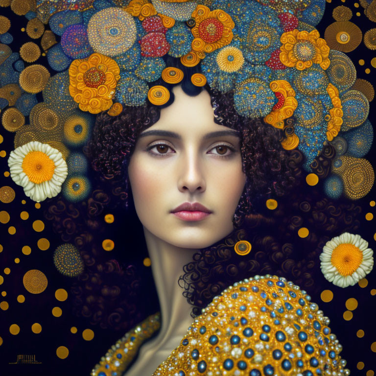 Surreal portrait of woman with curly hair and vibrant flower headdress