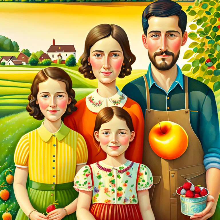 Stylized painting of family of four in rural setting with fruits & greenery