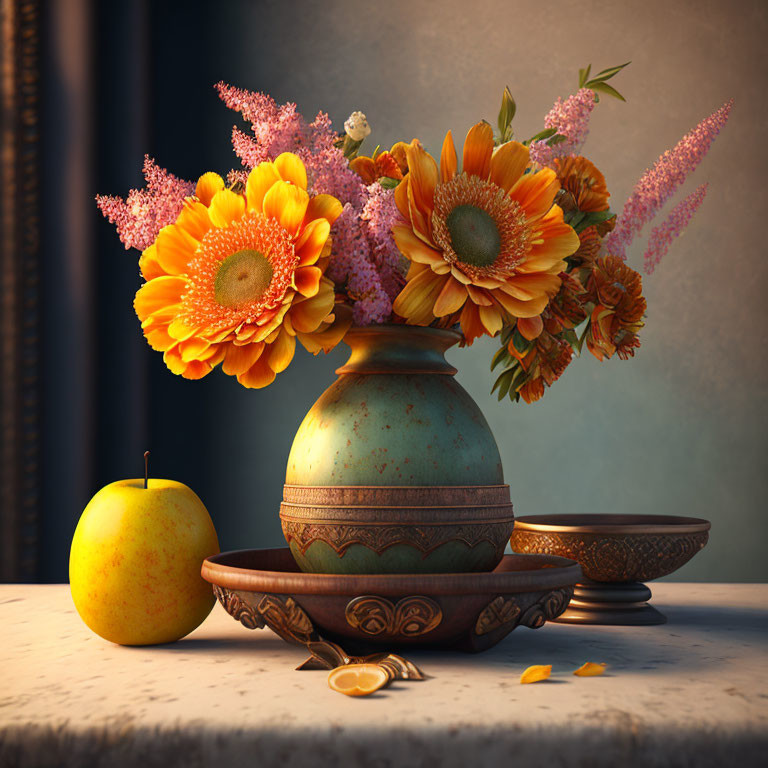 Colorful Still Life: Orange Flowers, Apple, and Bronze Dishes