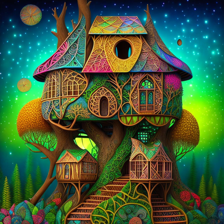 Fantasy treehouse with intricate designs under starry sky