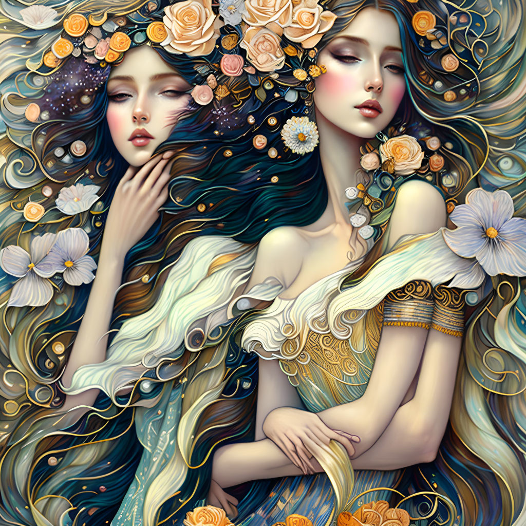 Stylized women with flowing hair and celestial motifs in golds, blues, and pastel flor