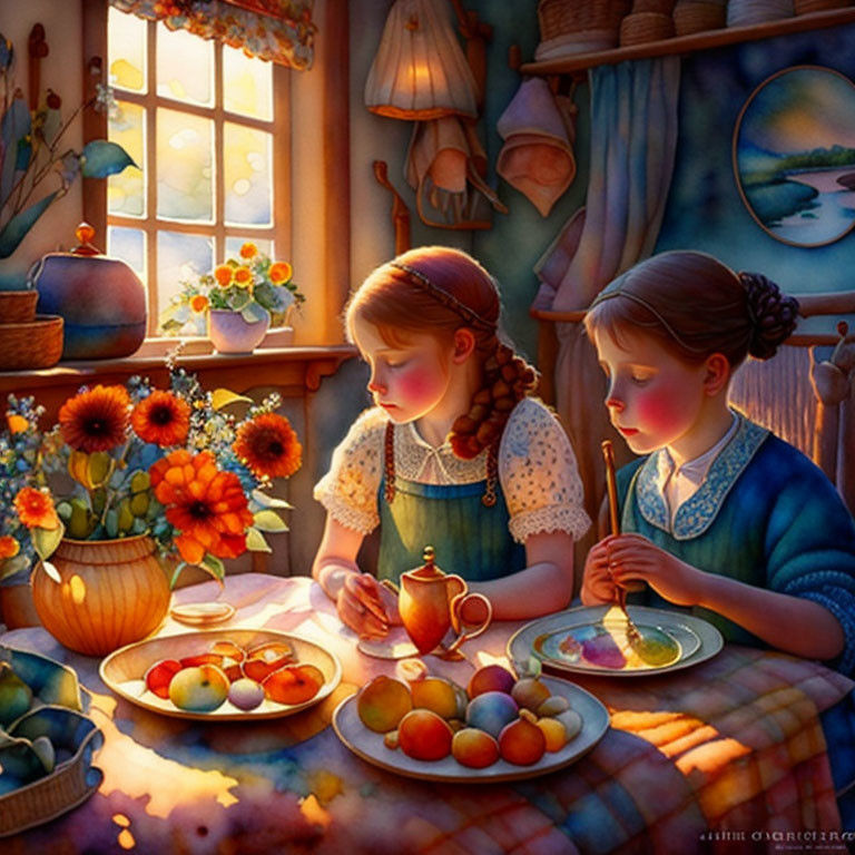 Two girls in traditional attire with fruits and flowers in cozy interior