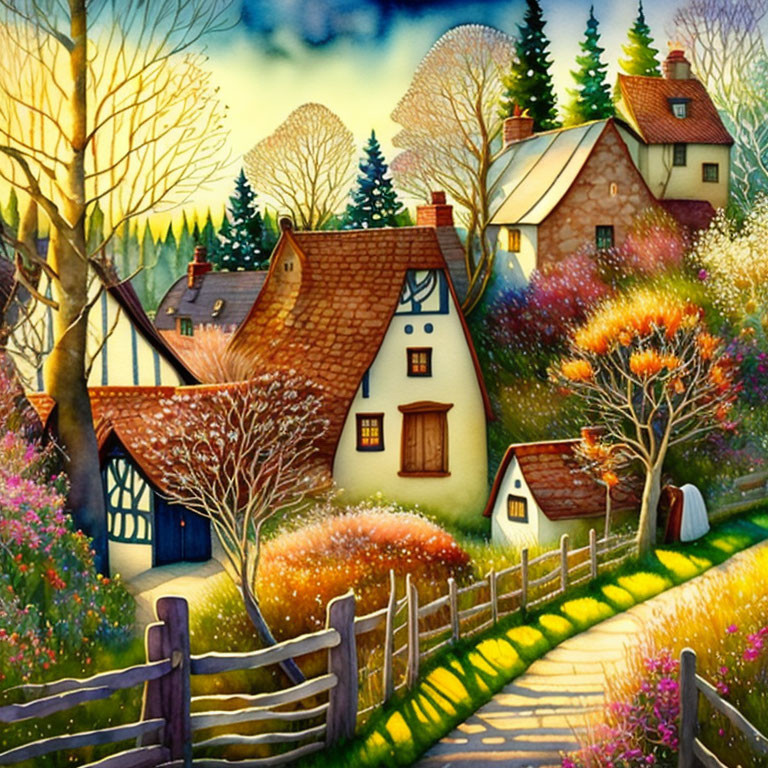 Colorful village painting with blooming gardens and cozy cottages