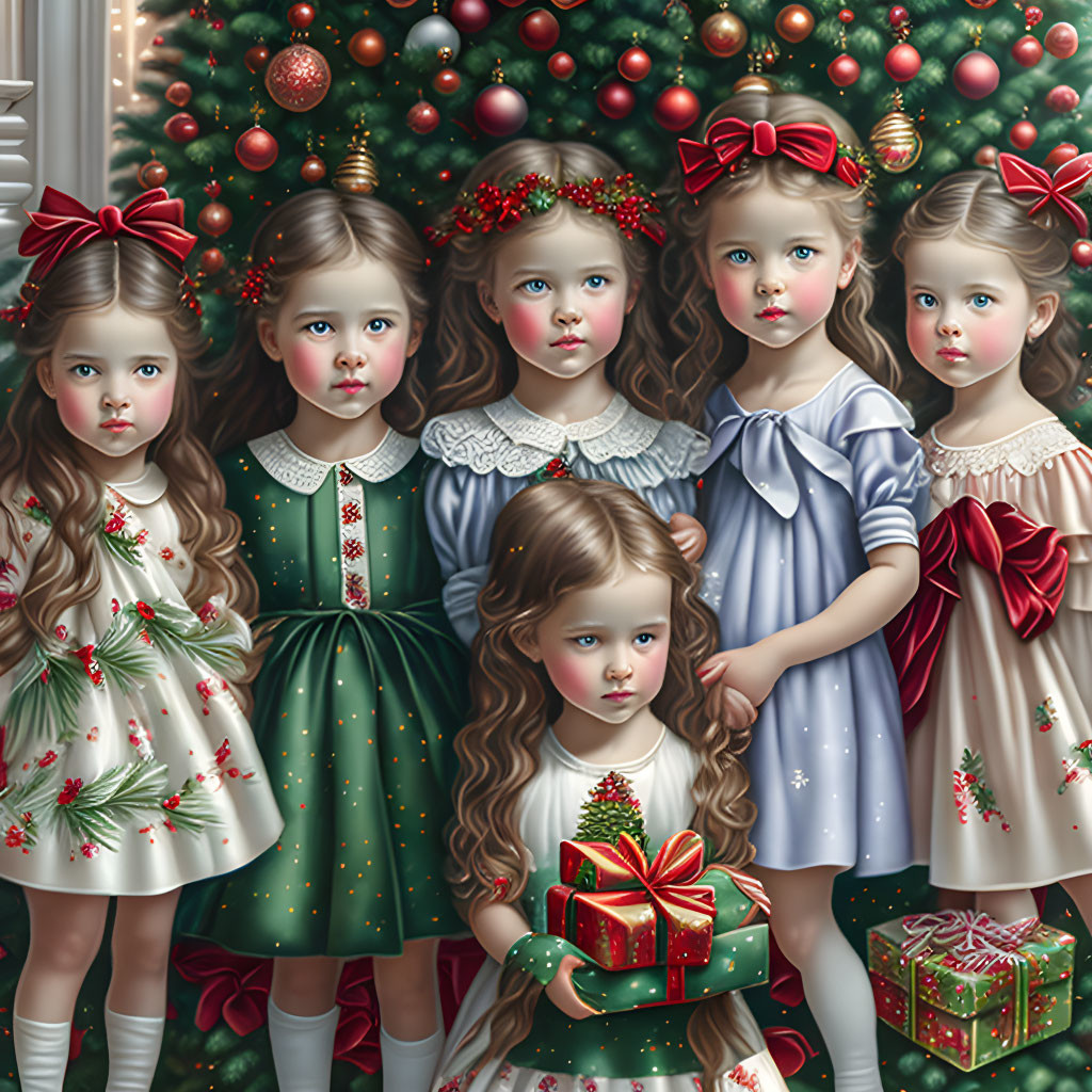 Five girls in festive dresses by Christmas tree with holiday decorations.