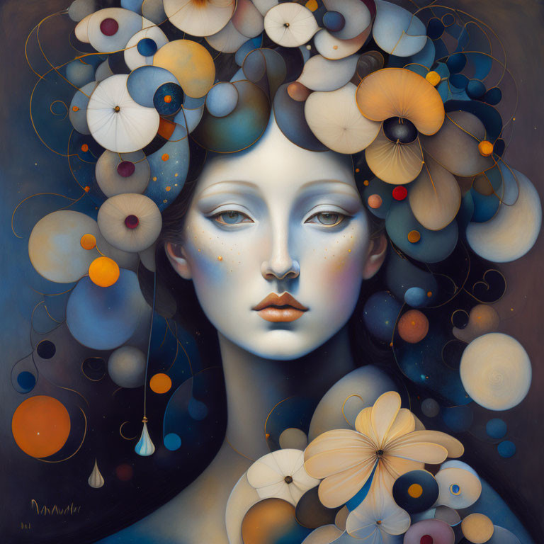 Surreal portrait of serene-faced woman with stylized flowers and floating orbs