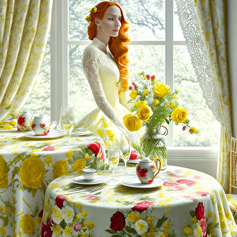 Red-haired woman in white lace dress by sunny window with floral decor and fine china.