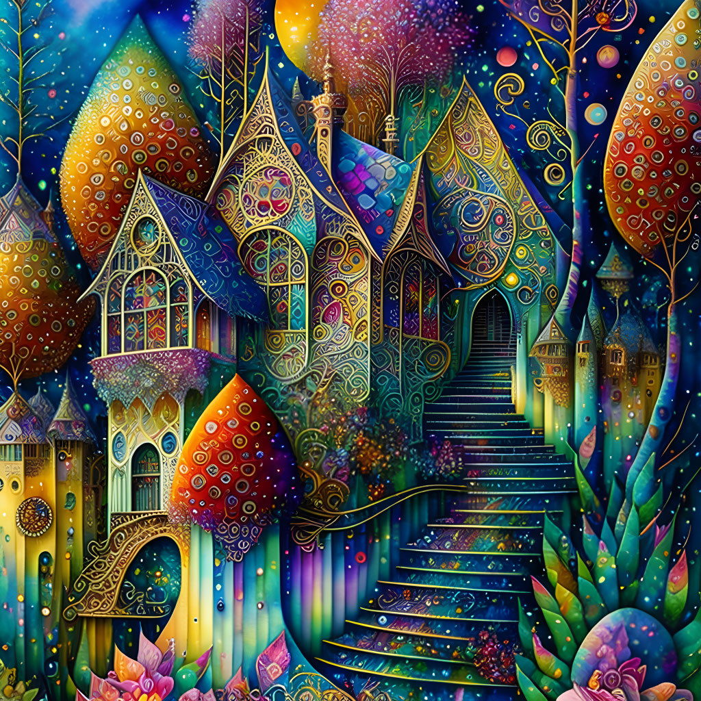 Colorful, ornate houses in enchanted forest with star-like accents