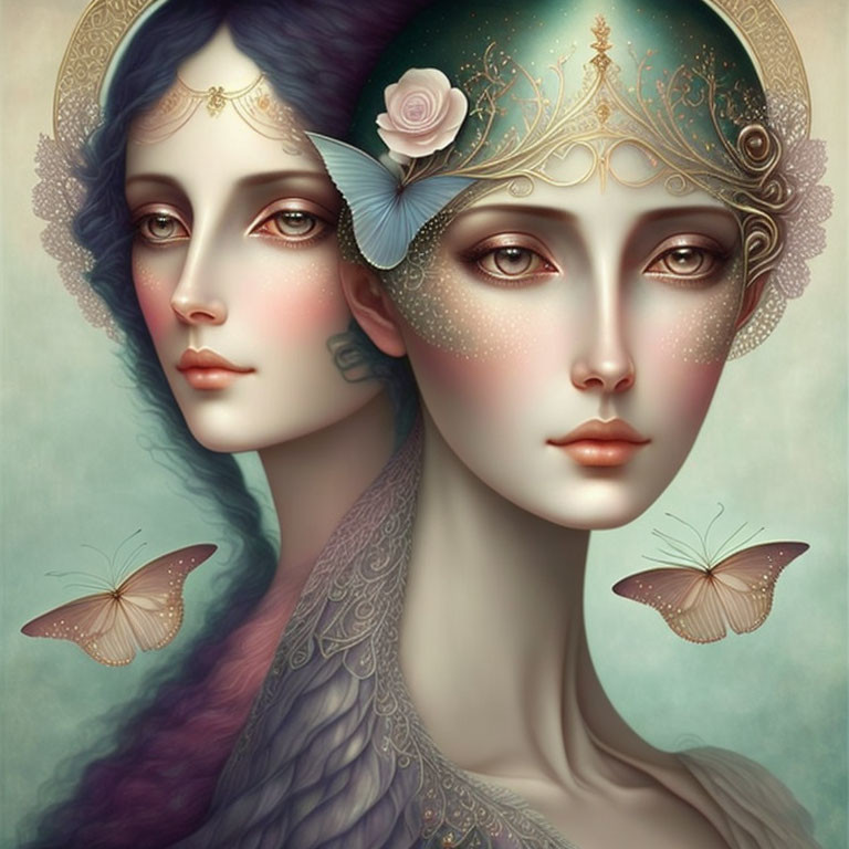 Two female faces in profile with intricate adornments and butterflies in pastel colors