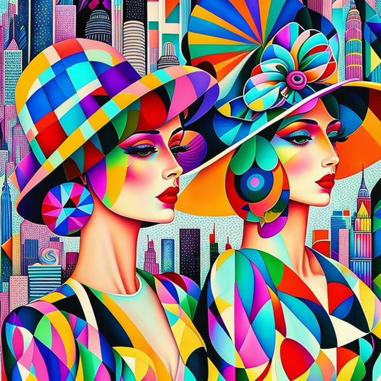 Colorful stylized female figures in patterned attire and hats against vibrant cityscape.