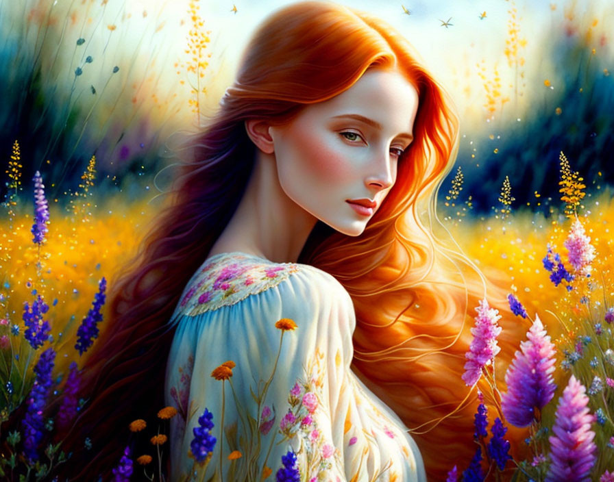 Woman with Red Hair in Vibrant Wildflower Field - Digital Painting