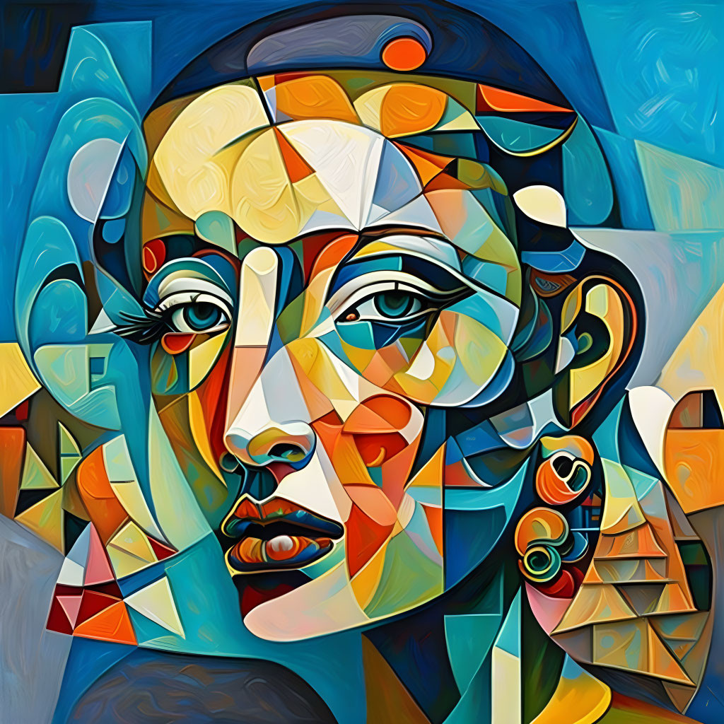 Colorful Cubist-Style Female Face Painting with Geometric Shapes