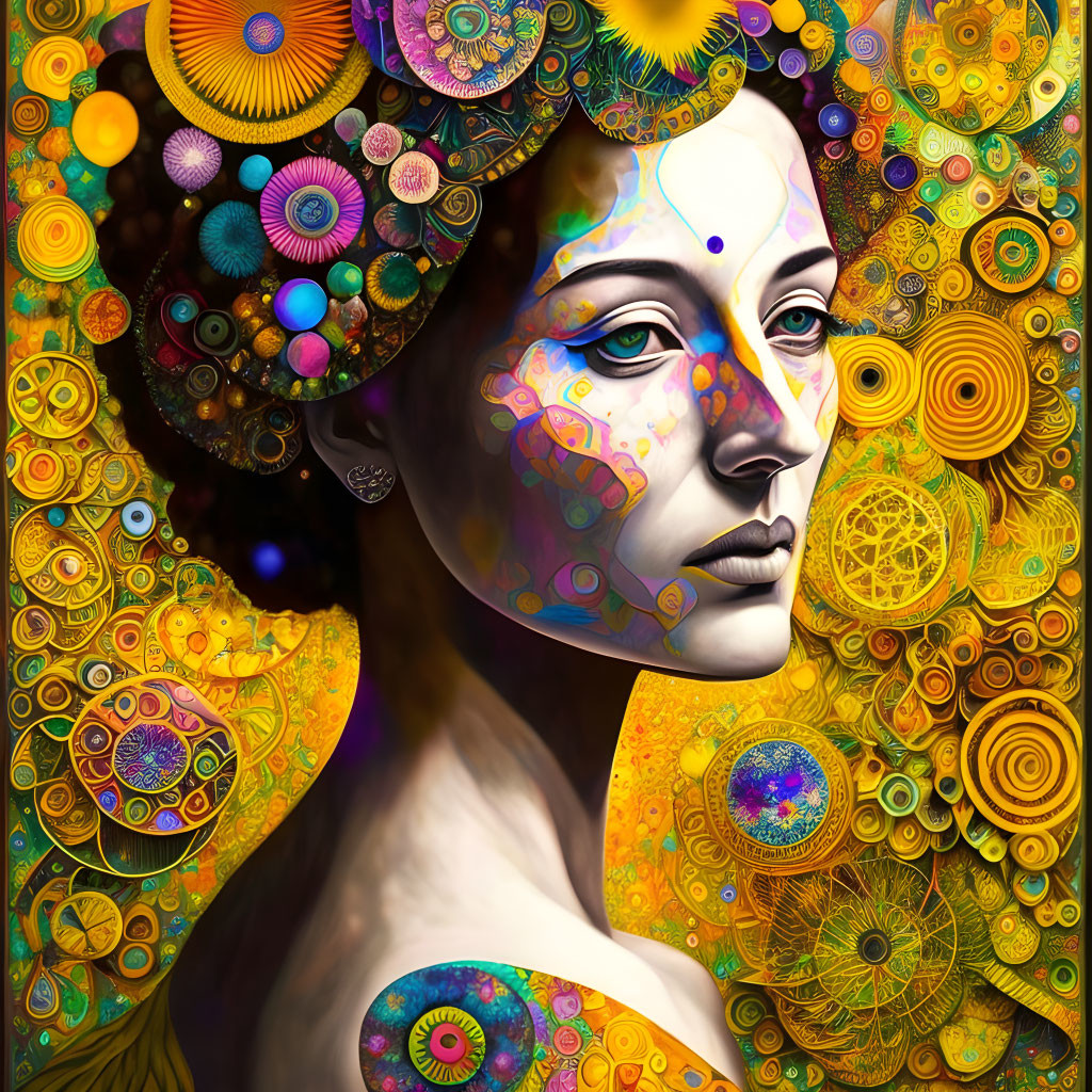 Vibrant circular designs surround a woman's face in colorful artwork