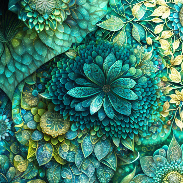 Colorful digital artwork: intricate, fractal-like green and blue patterns.