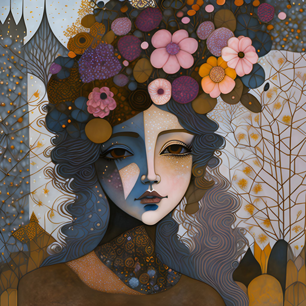 Blue-skinned woman with floral hair in autumnal setting.