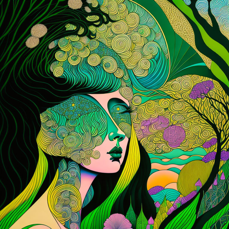 Colorful Woman Illustration with Nature Elements and Psychedelic Aesthetic