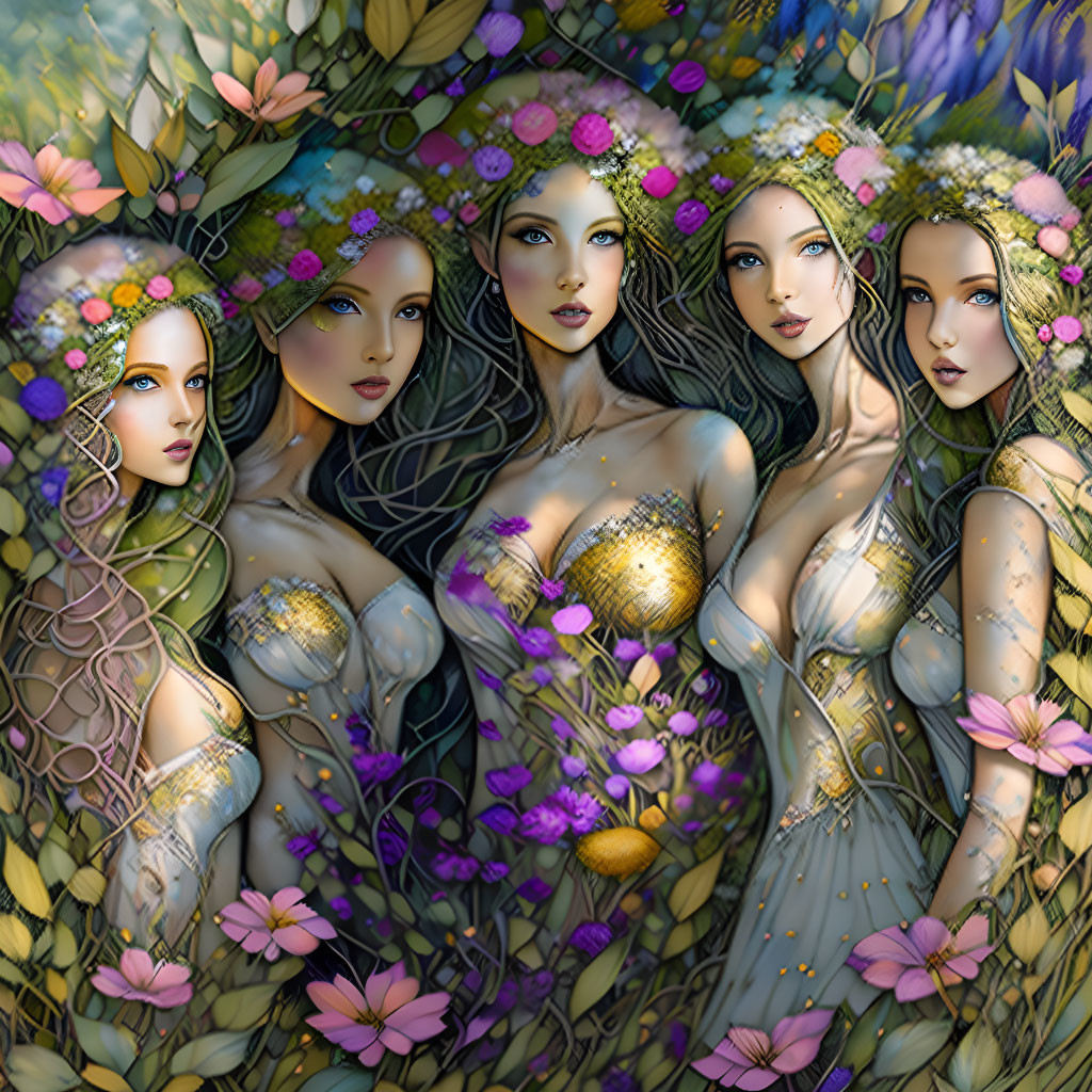 Ethereal women in golden attire amidst vibrant floral background