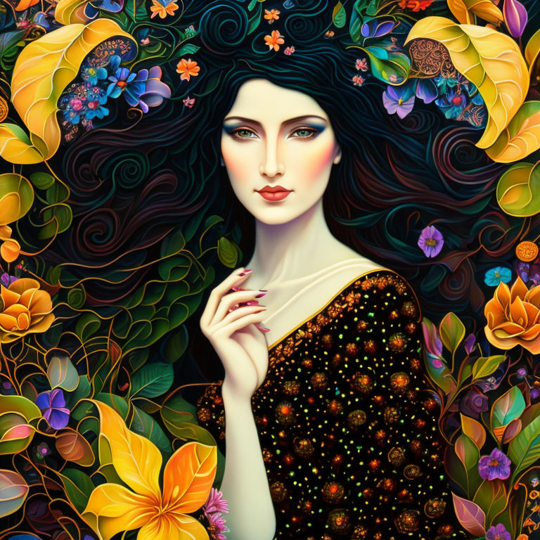 Colorful Art Nouveau Woman Portrait with Black Hair & Flowers