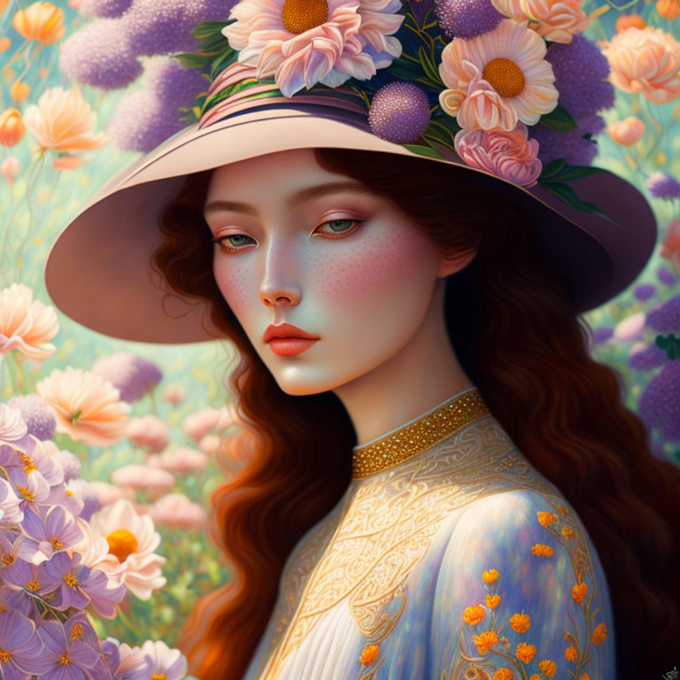 Red-haired woman in wide-brimmed hat surrounded by blooming flowers