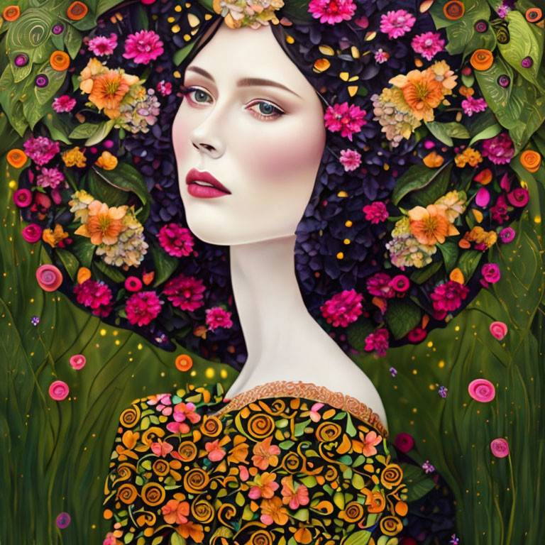 Woman in Floral Digital Painting with Dark Hair