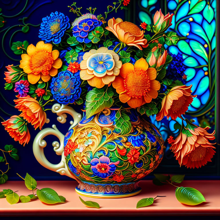 Colorful floral pitcher against stained-glass backdrop