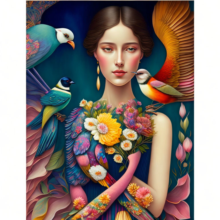 Serene woman with colorful birds and floral patterns