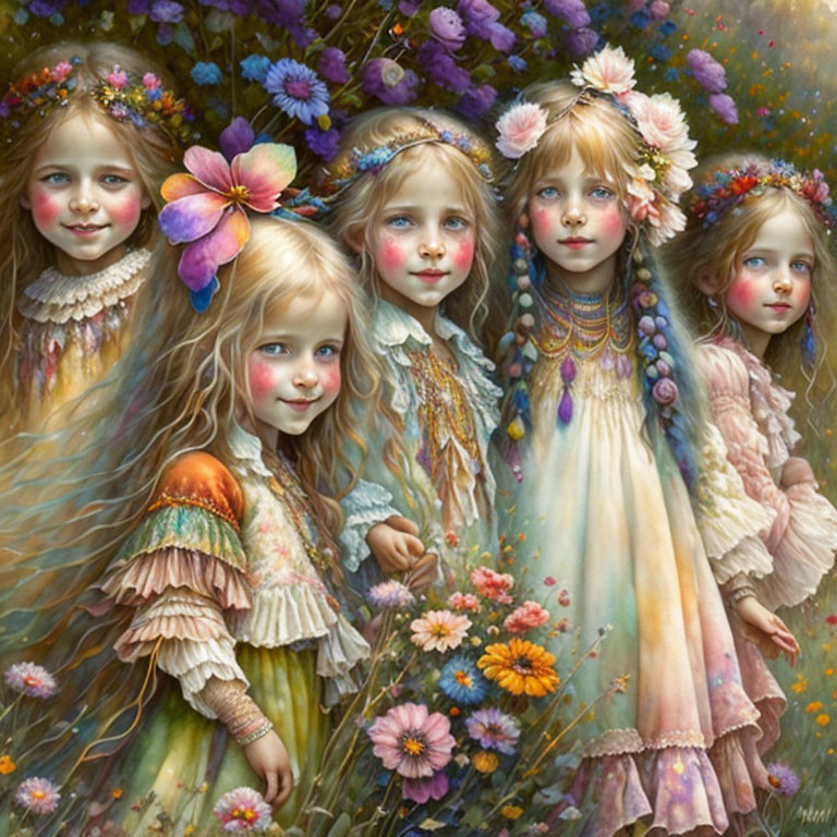 Four girls with floral wreaths in vibrant, flower-filled landscape