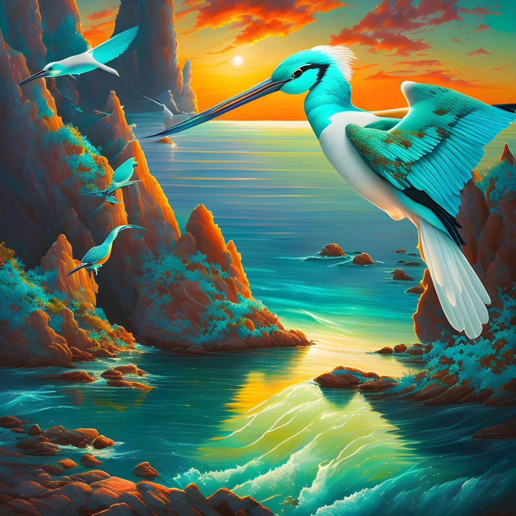 Vibrant digital artwork: Sunset with turquoise birds, emerald sea, orange cliffs