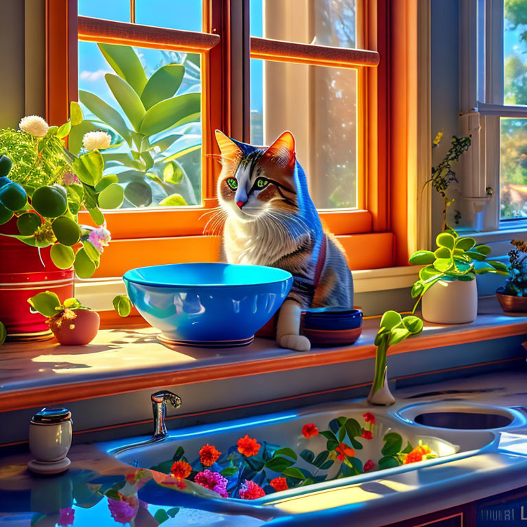 Cat sitting by blue bowl on sunlit windowsill with lush green plants and kitchen sink.